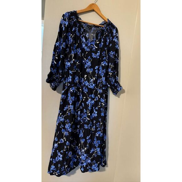Talbots Plus Size 1X Smocked Midi Dress Black Lilac Floral Feminine Office - Picture 3 of 12